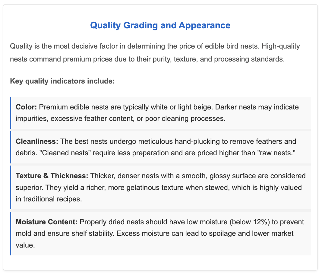 Quality Grading and Appreance Grading for Bird Nest Product
