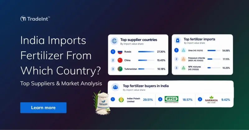TradeInt banner showing India fertilizer imports by country, top fertilizer products, and leading buyers including Indian Potash, IFFCO and Narmada.
