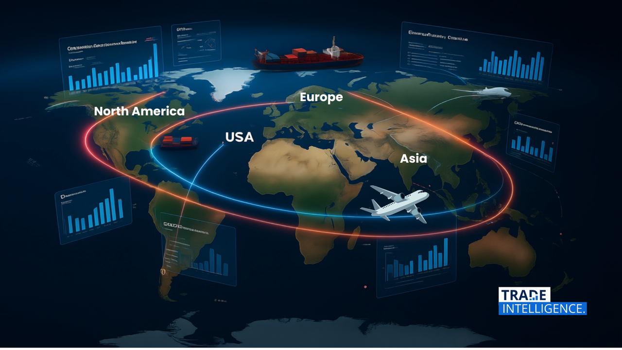 Global trade flows across Asia, Europe, and North America representing cross-border supply chains