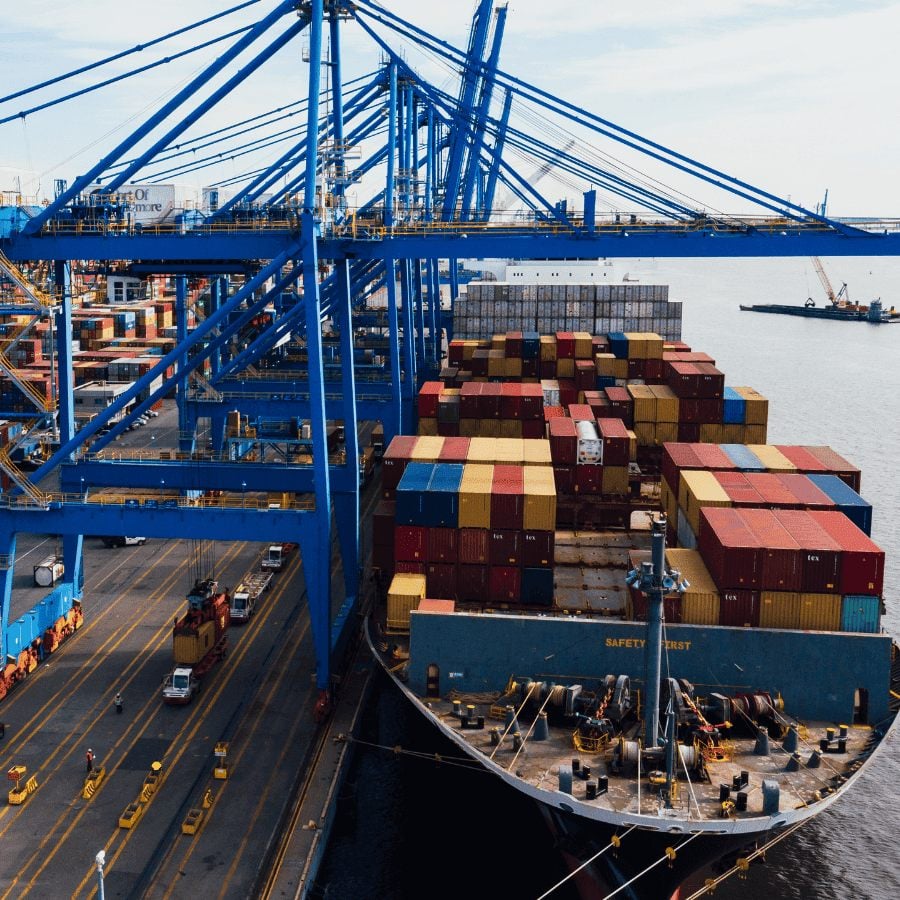 Germany’s steel export port with cargo containers symbolizing 22.5 million tones in exports