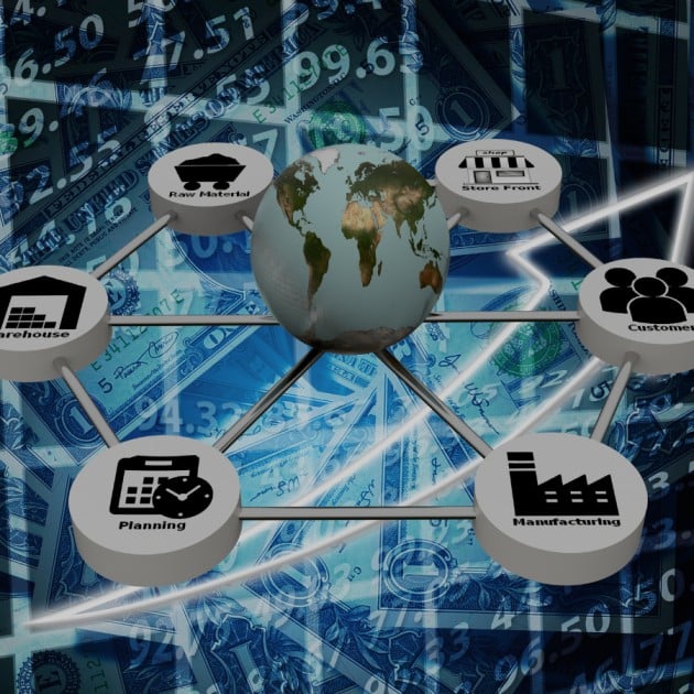 Illustration of a global supply chain network with icons for raw materials, planning, warehouse, manufacturing, store front, and customers
