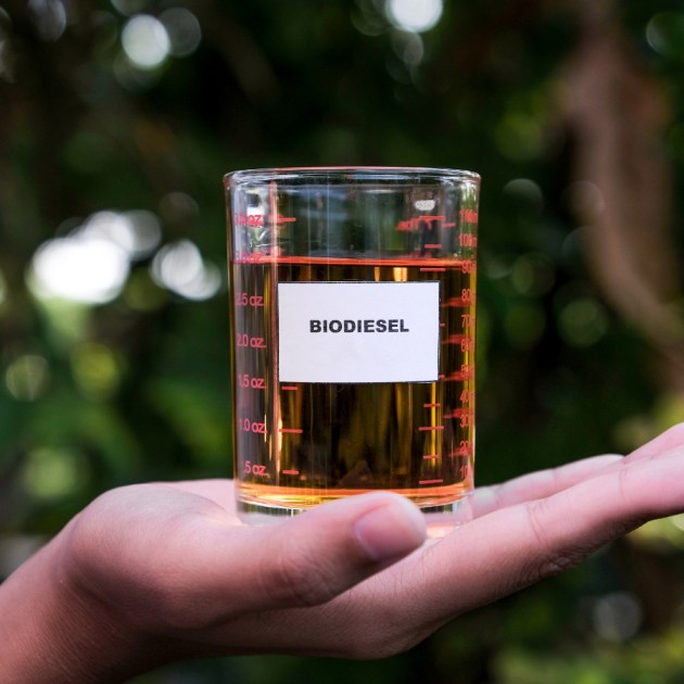 Palm-oil based bio diesel in a clear measuring glass. One of Malaysia's fastest-growing export products in 2025 driven by renewable energy demand.
