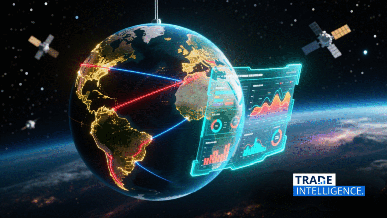 Global trade intelligence visualization showing Earth with digital dashboards, data analytics, and satellite connections for market strategy