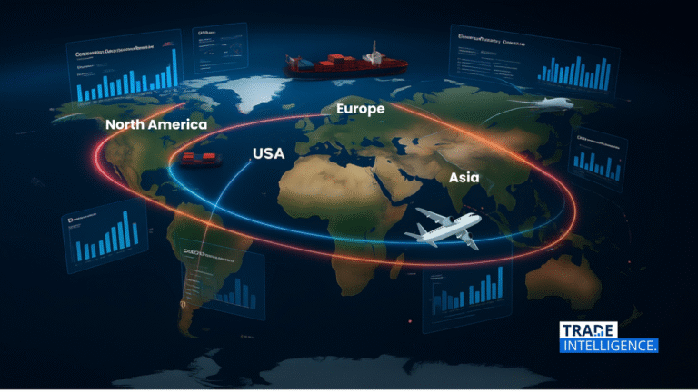 Global trade flows across Asia, Europe, and North America representing cross-border supply chains