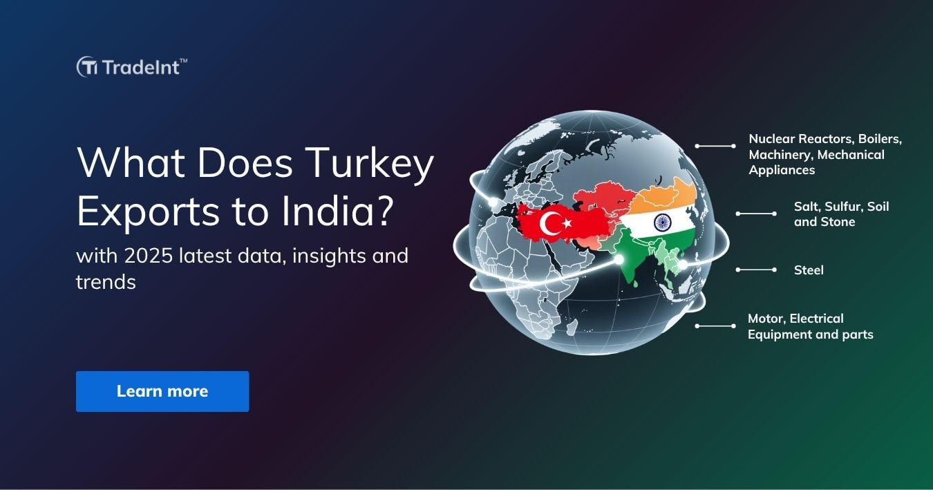 Turkey’s exports to India in 2025 — including nuclear reactors, machinery, steel, electrical equipment, and mineral products — based on the latest TradeInt data and insights.