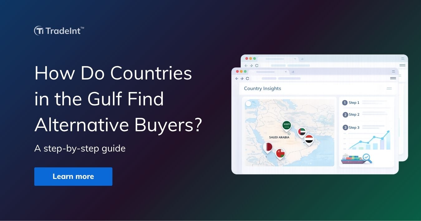 How countries in the Gulf find alternative buyers — TradeInt dashboard showing Middle East map with Saudi Arabia, UAE, Qatar, Oman, and Yemen and step-by-step trade analytics.
