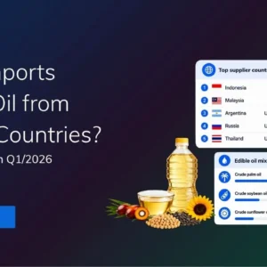 Banner answering India imports edible oil from which countries in Q1 2026, with a chart showing Indonesia and Malaysia as leading suppliers.