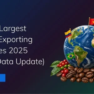 TradeInt banner showing top coffee exporting countries in 2025, with Brazil, Vietnam, Colombia, Indonesia and Ethiopia on a globe with coffee beans.