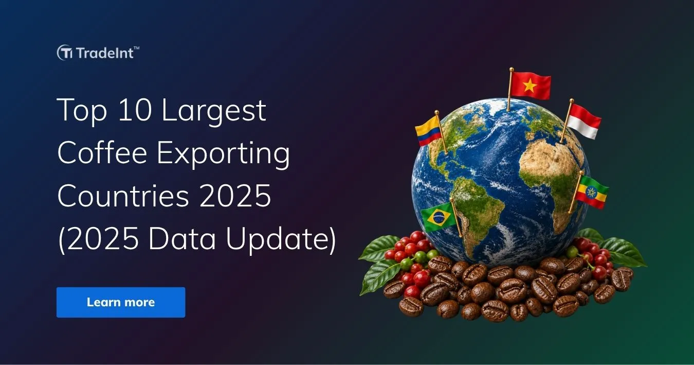 TradeInt banner showing top coffee exporting countries in 2025, with Brazil, Vietnam, Colombia, Indonesia and Ethiopia on a globe with coffee beans.