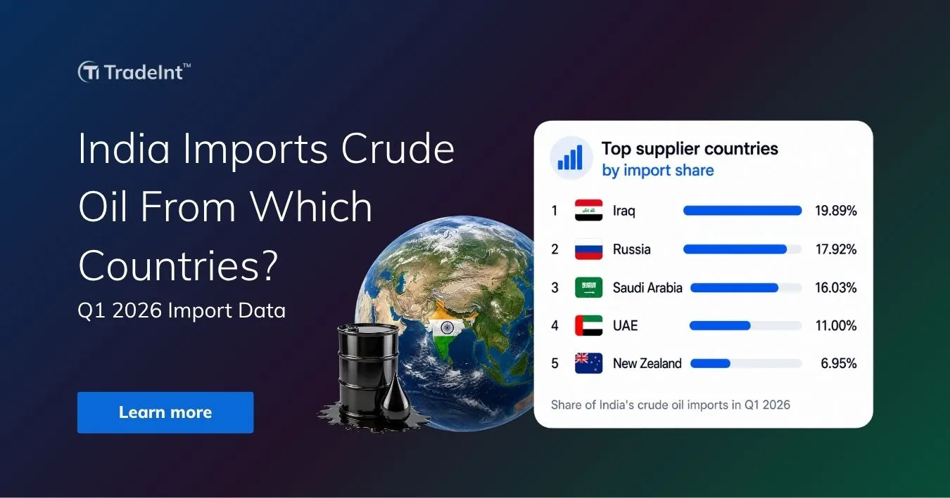 Informational graphic showing India’s crude oil import sources for Q1 2026, with a globe, oil barrel, and a top-suppliers chart (Iraq, Russia, Saudi Arabia, UAE, New Zealand).