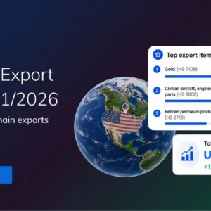 TradeInt banner showing US top export items in Q1 2026, including gold, oil and aerospace parts, with a USA map on the globe.