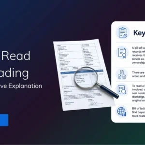 TradeInt banner explaining how to read a bill of lading, with document, magnifying glass and key takeaways on types, fields and trade use.