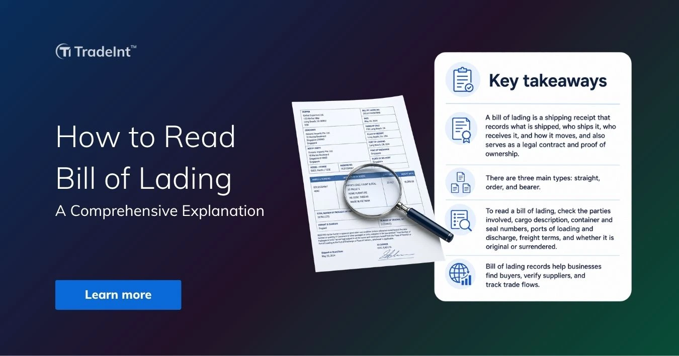 TradeInt banner explaining how to read a bill of lading, with document, magnifying glass and key takeaways on types, fields and trade use.