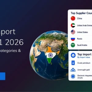 TradeInt banner showing India import data Q1 2026, with China, UAE, US, Russia and Saudi Arabia as top suppliers and crude oil, gold and ICs as top imports.