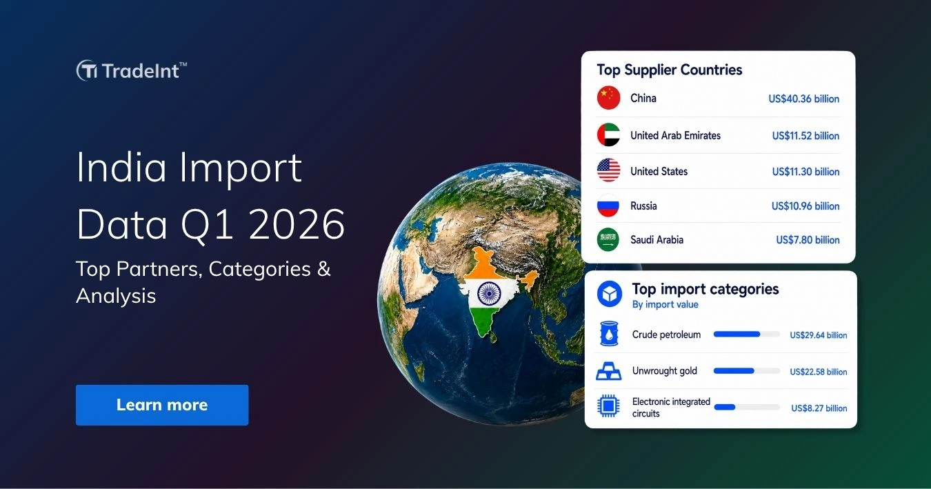 TradeInt banner showing India import data Q1 2026, with China, UAE, US, Russia and Saudi Arabia as top suppliers and crude oil, gold and ICs as top imports.