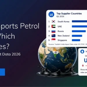 TradeInt banner showing India petrol imports under HS 2710 in Q1 2026, with South Korea, UAE, Russia, New Zealand and Singapore as top suppliers.