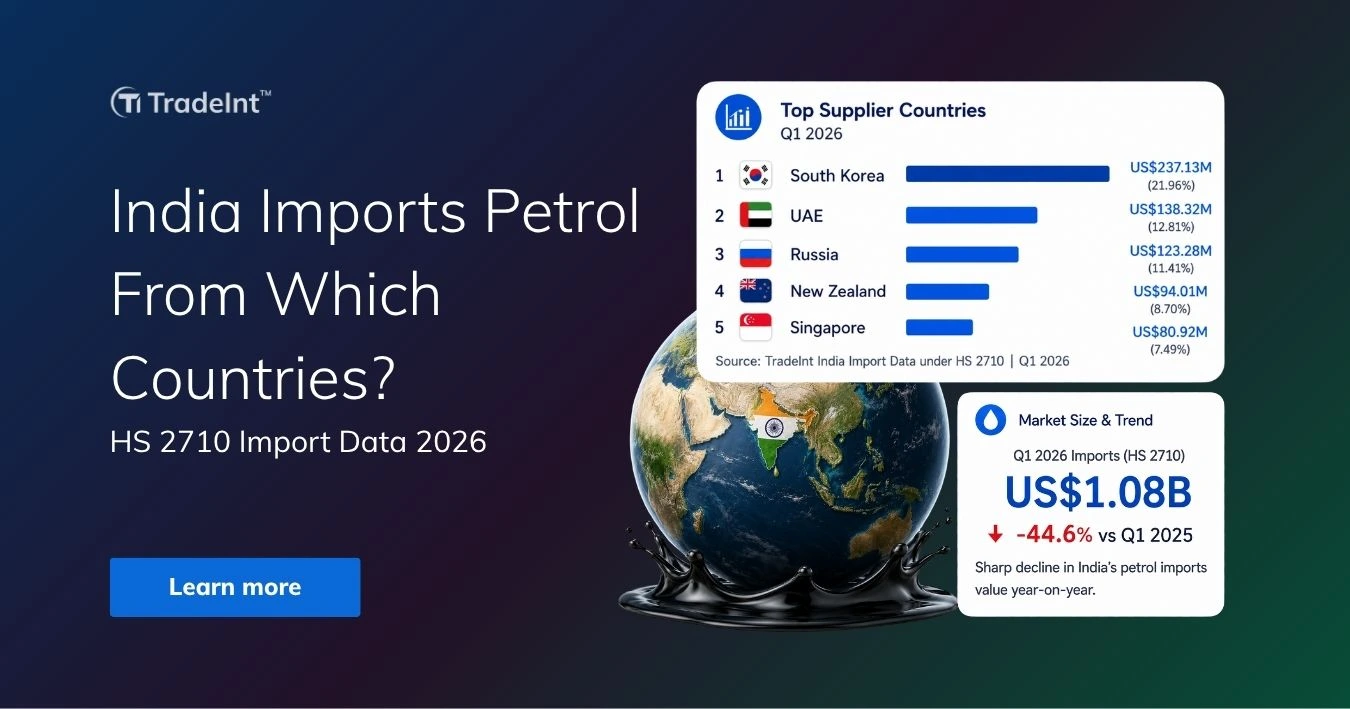 TradeInt banner showing India petrol imports under HS 2710 in Q1 2026, with South Korea, UAE, Russia, New Zealand and Singapore as top suppliers.