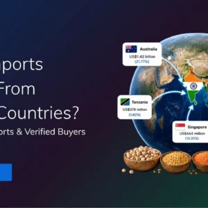 TradeInt banner showing India pulses imports by country, with Australia, Canada, Myanmar, Singapore and Tanzania as top suppliers.