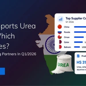 Banner showing India's top urea import partners for Q1 2026 with country flags, bars, and a bag labeled UREA plus a Learn more button.