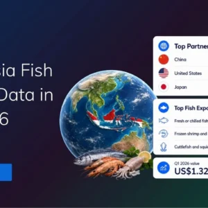 TradeInt banner showing Indonesia fish export data Q1 2026, with China, US and Japan as top partners and seafood export types.