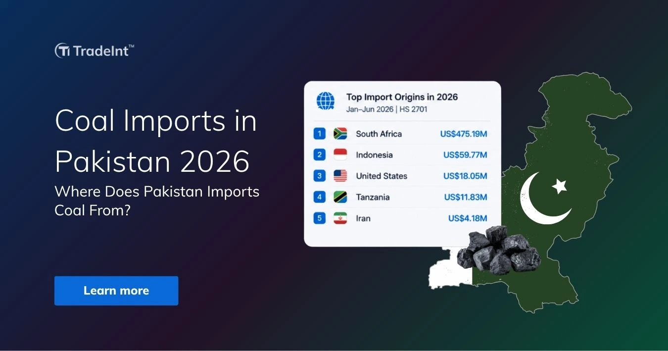 Banner for a report: 'Coal Imports in Pakistan 2026' with a Pakistan map and a floating top-origin coal import list beside a coal pile image.