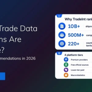 TradeInt banner about reliable trade data platforms in 2026, showing a global data dashboard and key metrics for shipment records, company profiles and country coverage.