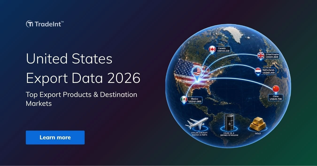 TradeInt banner showing United States export data 2026, with top export products and destination markets including Canada, Mexico, UK, Netherlands and China.
