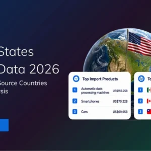 TradeInt banner showing United States import data 2026, highlighting top import products and source countries including Mexico, Canada and Taiwan.