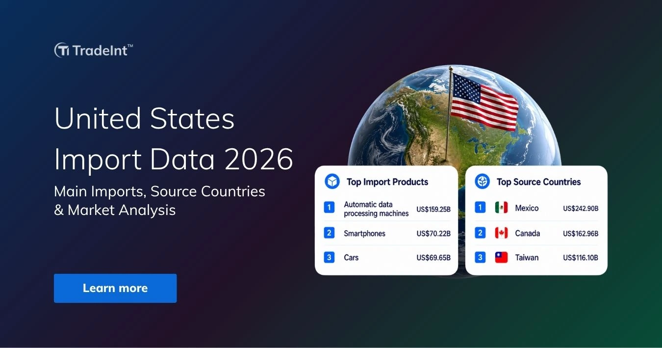 TradeInt banner showing United States import data 2026, highlighting top import products and source countries including Mexico, Canada and Taiwan.
