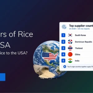 TradeInt banner showing rice importers in the USA, with South Korea, Dominican Republic, Thailand, China and India as top supplier countries.