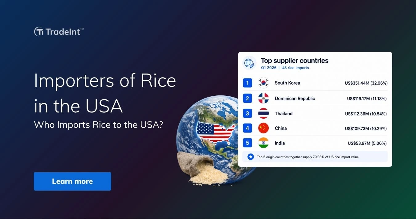 TradeInt banner showing rice importers in the USA, with South Korea, Dominican Republic, Thailand, China and India as top supplier countries.