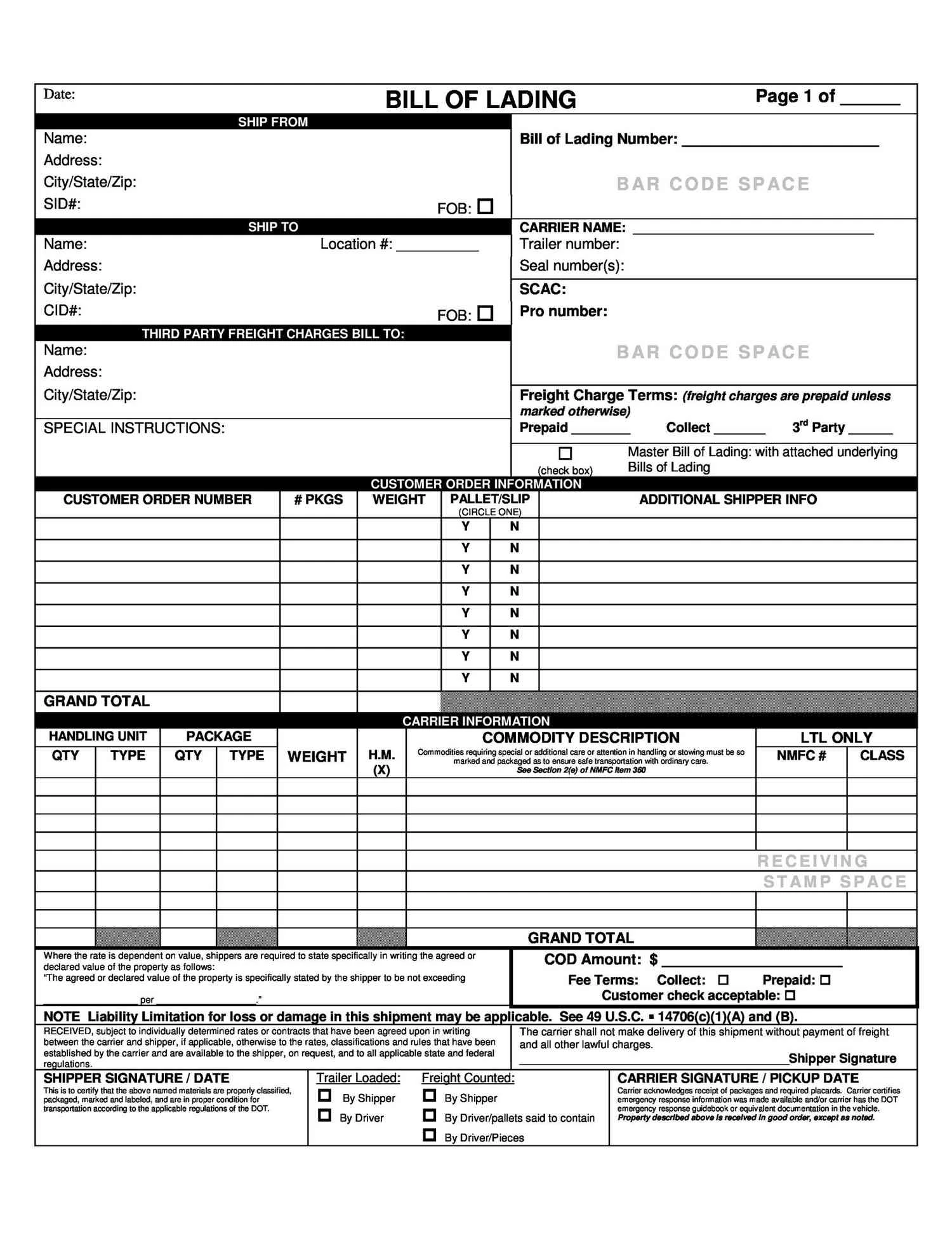 Blank bill of lading form with shipper, consignee, carrier, freight charges, commodity details and signature sections.