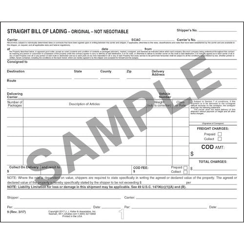 Straight bill of lading sample marked original not negotiable, showing shipment, freight charges, COD and signature fields.
