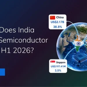 TradeInt banner showing where India imports semiconductors from in H1 2026, with China, Taiwan, South Korea, Japan and Singapore as top suppliers.