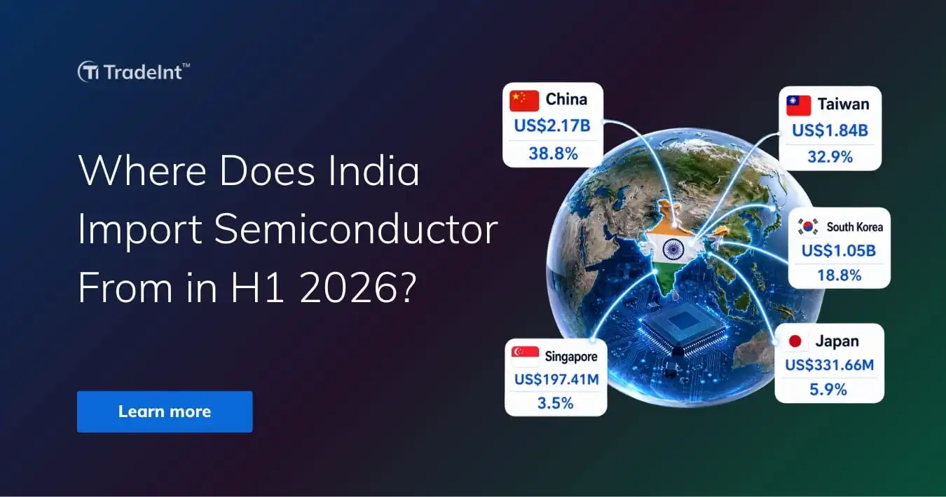 TradeInt banner showing where India imports semiconductors from in H1 2026, with China, Taiwan, South Korea, Japan and Singapore as top suppliers.
