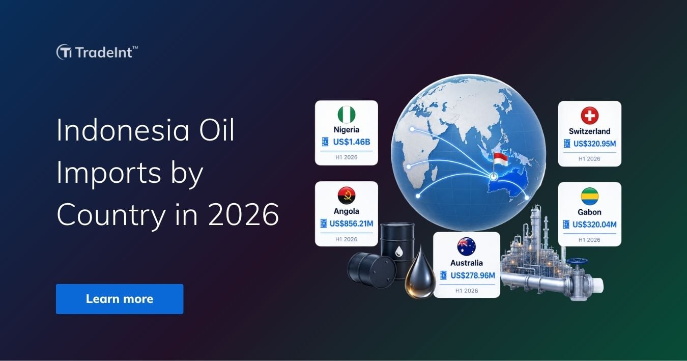 TradeInt banner showing Indonesia oil imports by country in 2026, with Nigeria, Angola, Switzerland, Gabon and Australia as top sources.