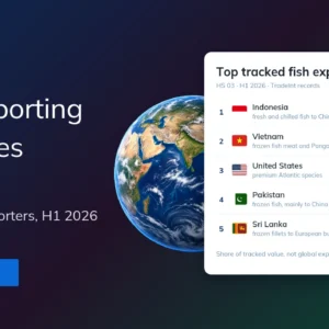 Hero section showing a globe on a dark gradient background with a floating white card listing top tracked fish exporters beside the title 'Fish Exporting Countries in 2026' and a blue 'Learn more' button on the left.