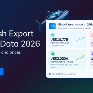 TradeInt™ tuna fish export market data visualization showing global trade data and charts, including tuna trade value, import changes, skipjack pricing, and Vietnam tuna exports, alongside two tuna graphics on a dark blue gradient background.